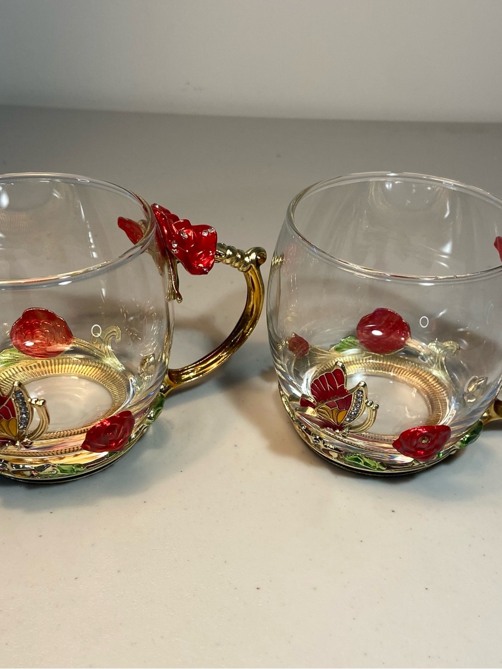 Set of 2 Elegant Red Rose Glass Mugs with Gold Accents